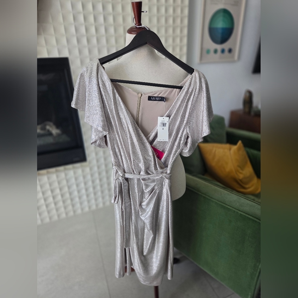 Lauren Ralph Lauren Shimmering Silver Wrap Midi Dress
